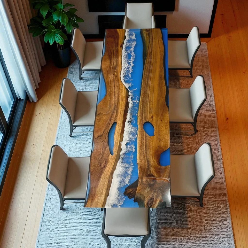 Image of Ocean Wave Resin Epoxy Wood Table Top Live Edge Kitchen Slab Furniture Home Deco