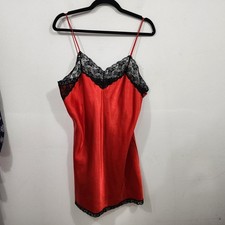 Vintage Body Chic Red Satin Chemise Slip Mini Dress Black Lace Trim Sz L FLAW 