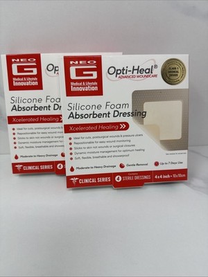 2 Boxes Of 4 Neo G Opti-Heal WoundCare Silicone Foam Absorbent Dressing 08/2026