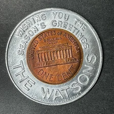 THE WATSONS Wish Season's Greetings Luck Penny Encased Coin 1964 Lincoln Cent