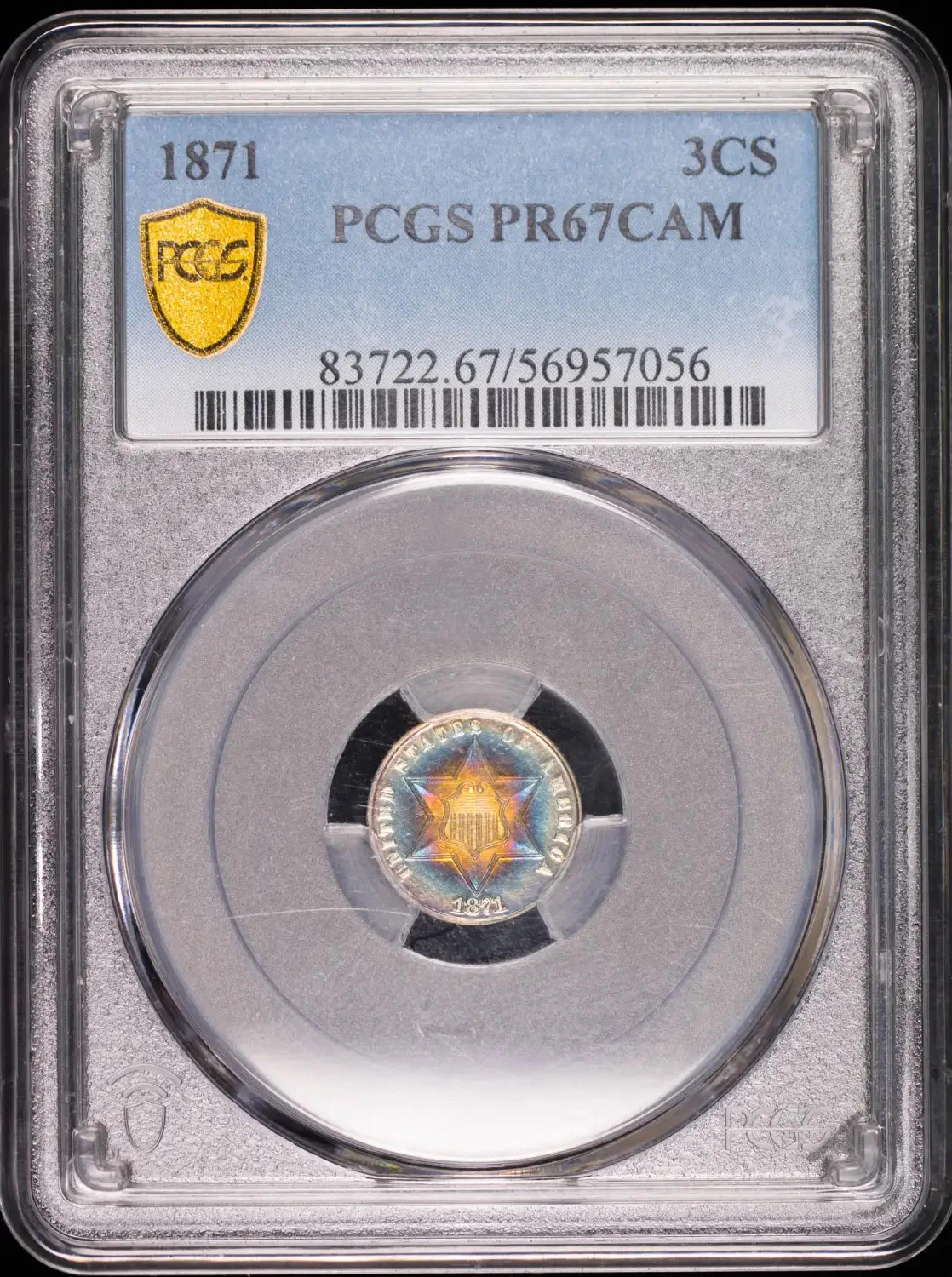 1871 P Silver Three Cent Pieces - Trimes PCGS PR-67 CAM Proof Rainbow Toning