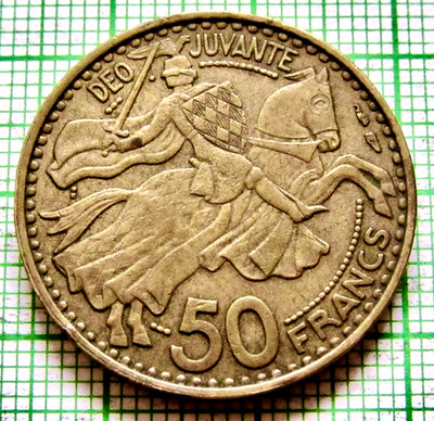 MONACO Prince RAINIER III 1950 50 FRANCS, KNIGHT ON A HORSEBACK km# 13