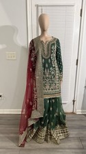 Pakistani Embroidered Chiffon 3 Piece Suit Green  Net Dupatta  Net Palazzo 