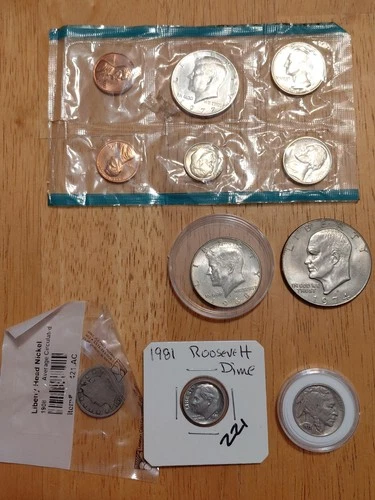 US Mint Silver  JFK 40%. A Proof Set. IKE Dollar. Buffalo Nickel. V Nickel. Dime