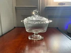 Vintage Indiana Glass footed candy dish with lace edge, with lid