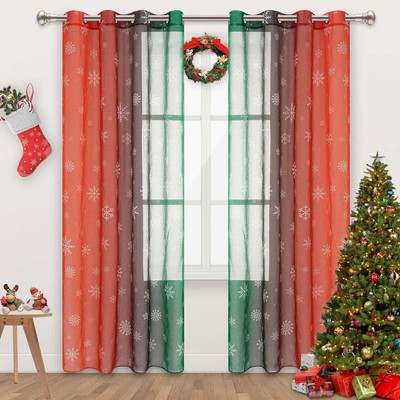 2PCS Christmas Red-Green Gradient Snow Print Curtains for Living Room Bedroom