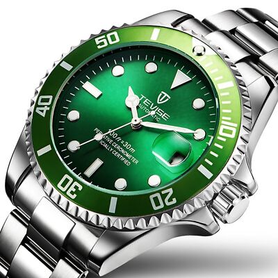 TEVISE Mens Automatic Mechanical Stainless Steel Watch Waterproof Luminous Green