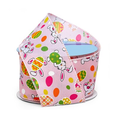 2.5'' Wide Bunnies and Eggs Pink Wired Ribbon - 10 Yards (566012506)