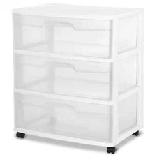 Sterilite Storage Drawer, 3 Drawer Wide Plastic Storage Cart with Clear Pull Out