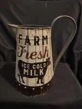 Rustic Distressed Metal Farm Fresh Ice Cold Milk Pitcher Planter 8 ½” 