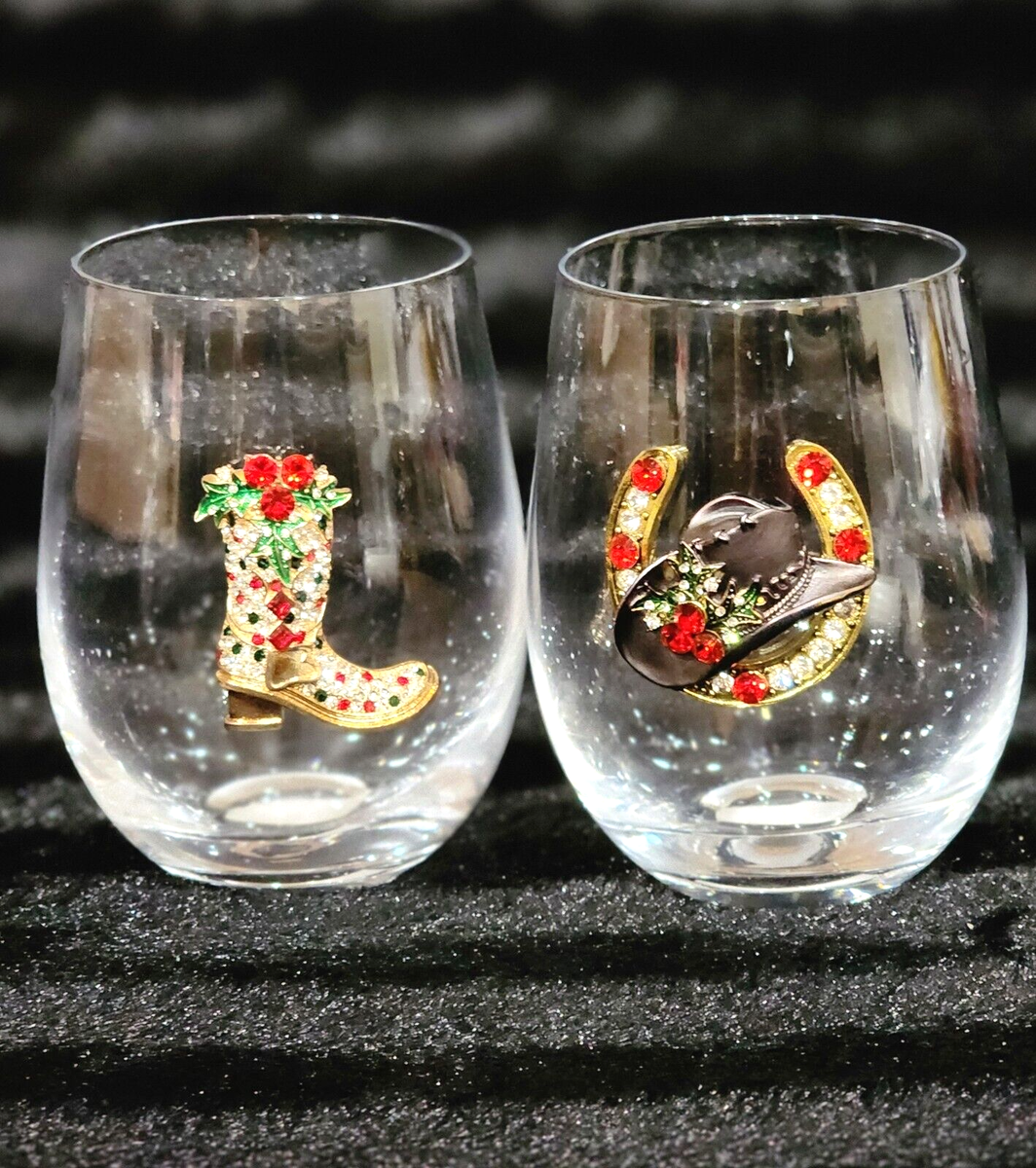 2 Yellowstone Inspired Wine Glasses Cowboy Hat Boots Jeweled Christmas  Stemless | eBay