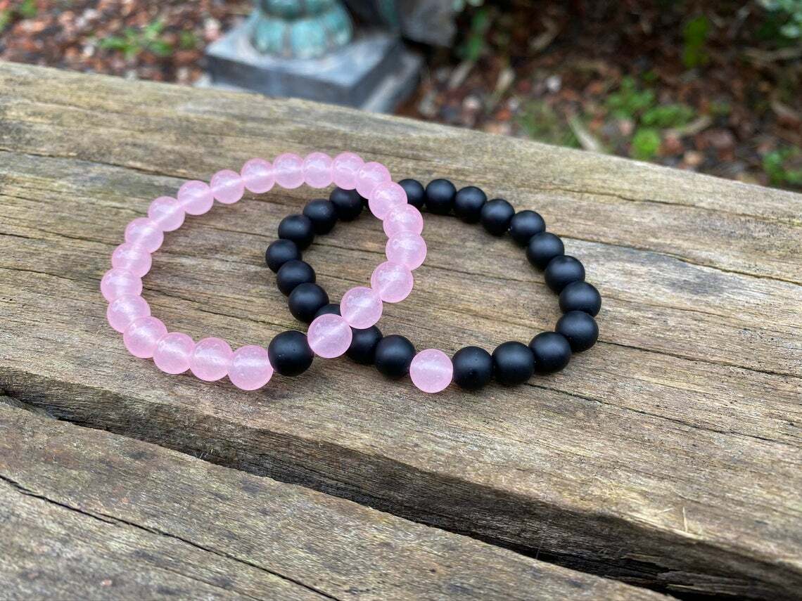 Bracelets de couple agate noire quartz rose 8 mm bijoux de distance
