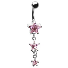 14G 7/16 Pink Gem Star Curved Barbell with Pink Gem Stars Dangle