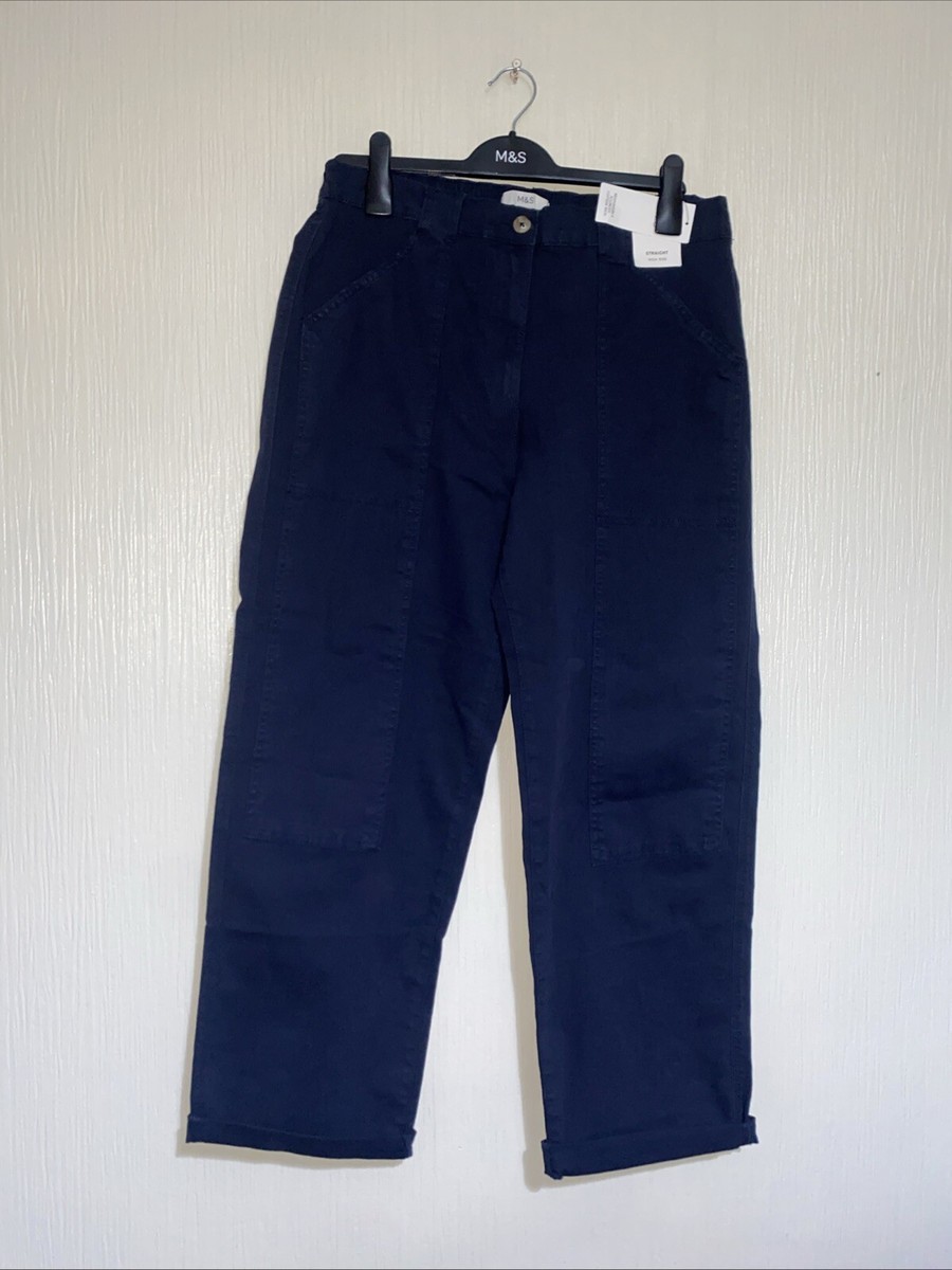 New M\u0026S Ladies 97% Cotton Straight Leg Trousers(navy) Size 14 L31” | eBay UK