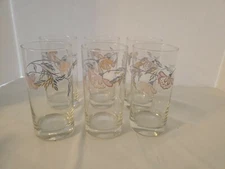 LIBBEY CRISA JUICE WATER GLASSES TUMBLERS PINK BLUE FLOWERS SET OF 6 VINTAGE 6"