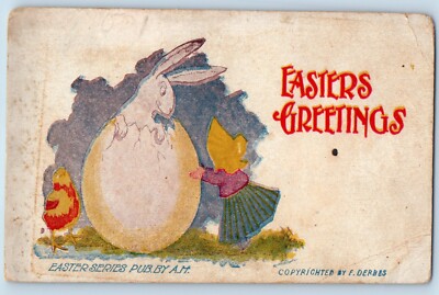 Signed Postcard Easter Greetings Hatched Egg Bunny Rabbit Chick Girl c1905