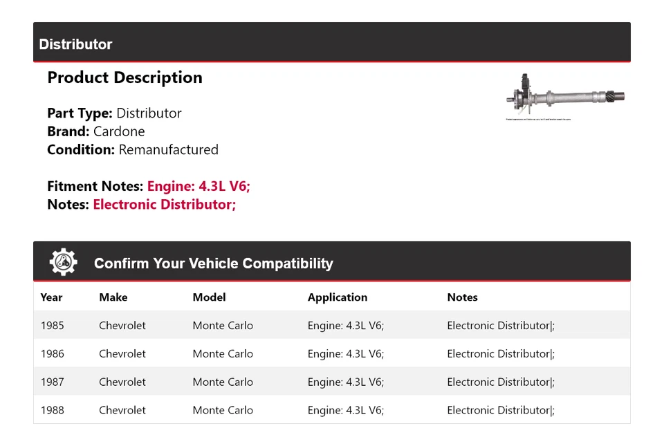 For 1985-1988 Chevrolet Monte Carlo 4.3L V6 Distributor Cardone 1986 1987 - Image 2 of 4