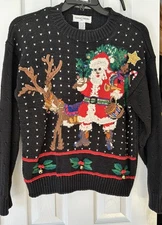 Vtg 90’s  Christmas Sweater Lrg Bells Casual Corner Embellished Reindeer Santa