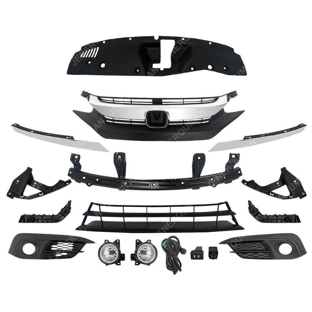 14Pcs Grille Kit Front Brackets For 16-19 Honda Civic Radiator Cover Fog Lights