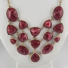 Charming Charlie Red Marble Bib Necklace Gold Tone