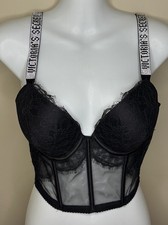 Victoria's Secret Very Sexy Black Corset Push Up Bra Bling Shine Strap 34D Lace