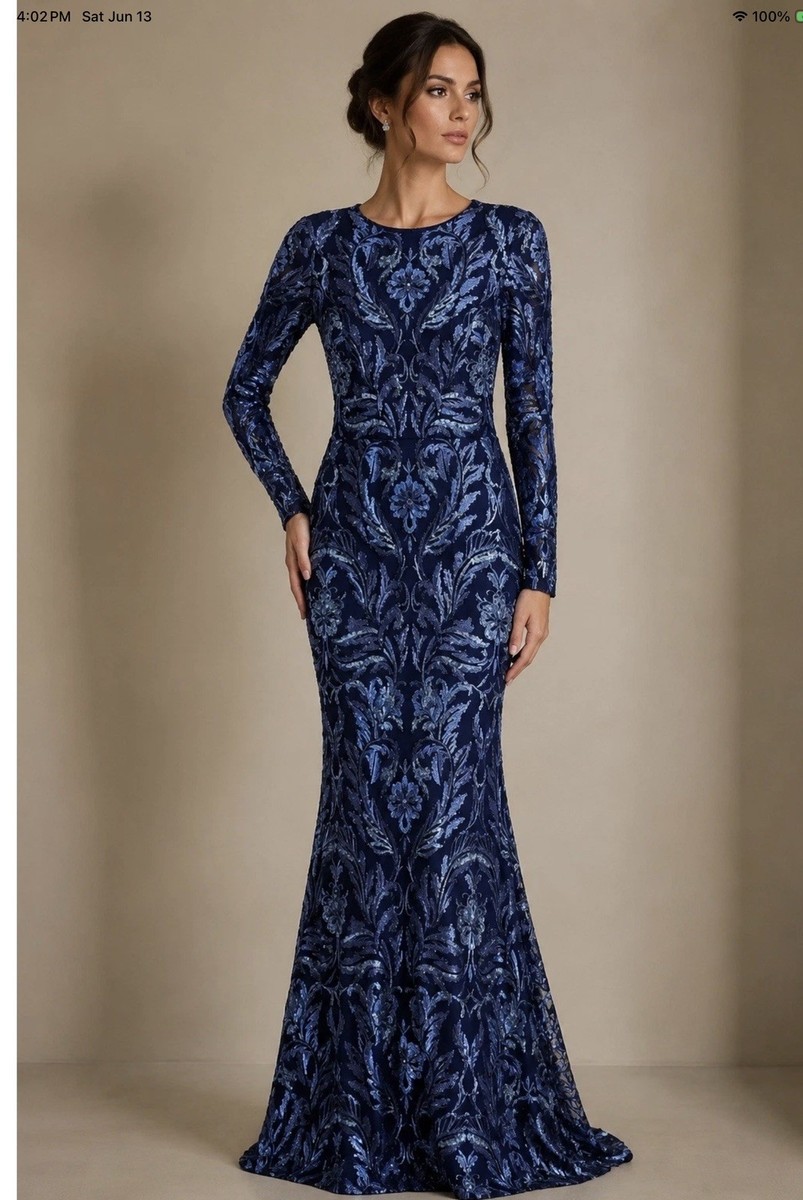 navy blue mermaid dress long sleeve Chic Sequined Mermaid Long Sleeves Mermaid Off Shoulder Prom Party Gowns