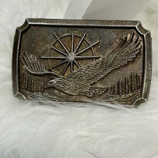 Vintage Eagle Belt Buckle Ship Wheel Made In Hong Kong Western Cowboy Biker