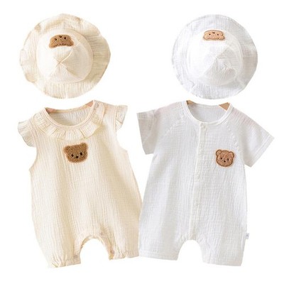 2pcs Baby Summer Jumpsuits Hat Set Bear Muslin Newborn Romper for Boys Girls Clo