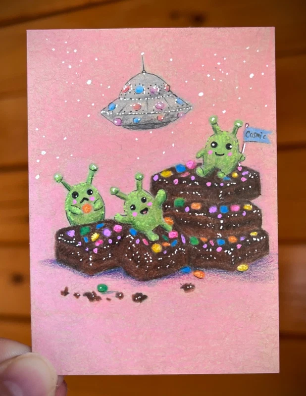 ACEO Original Art Alien Cosmic Brownies Dessert Cute UFO Flying Saucer Pink Food