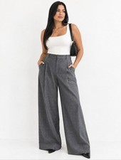 Zara Gray Plaid Wide Leg Tailored Trousers Pa...