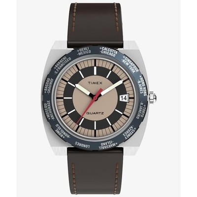 Timex World Time Watch Quartz 23 City Bezel 39mm Case Silver Dial Vintage