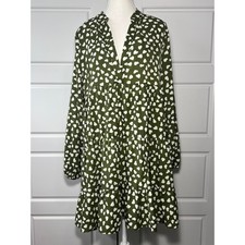 Easel Los Angeles Olive Green White Heart Print Tiered Mini Dress Women's Large