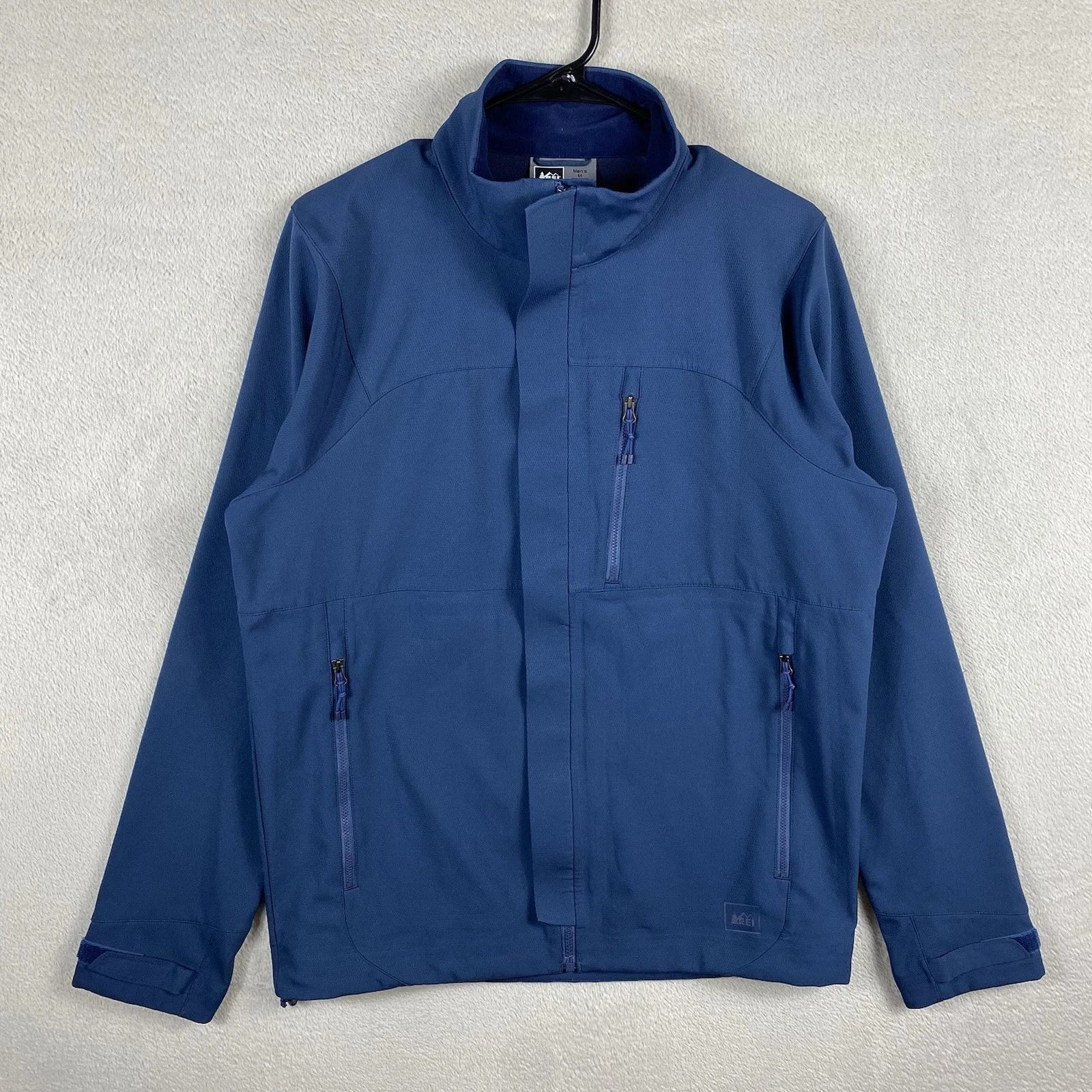 REI Softshell Rain Jacket Men's M Blue Full Zip Taped Seams Outdoors Hiking