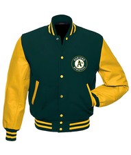 Oakland Athletics Forest Green Body Golden Leather Sleeves Letterman Jacket Men