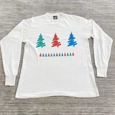 Vintage Christmas Tree Shirt Mens Large White Glitter Long Sleeve Made USA 90s