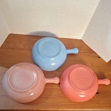 Vintage Glasbake Soup Bowls w/ Handles J-2057  Blue, Plum & Salmon Lot of 3