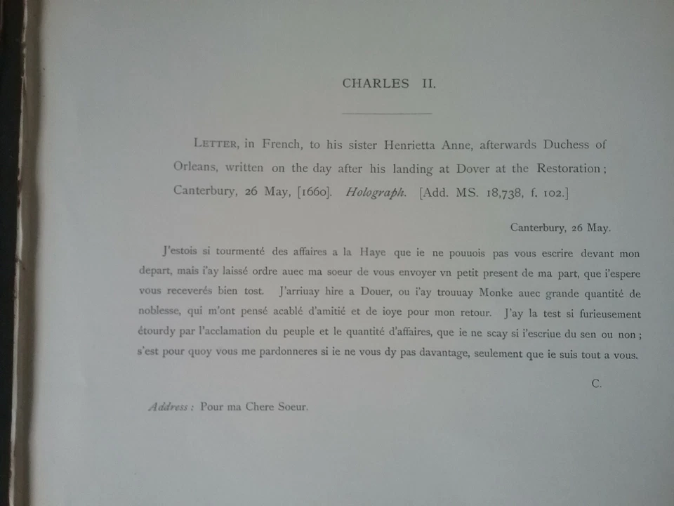 1660 LETTER IN FRENCH FROM KING CHARLES II TO HIS SISTER (126 yo copy made 1899) - Image 2 of 4