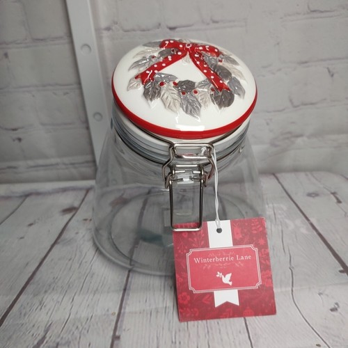 Glass Canister with Bail and Trigger Lid Leaning Jar Christmas Wreath NWT