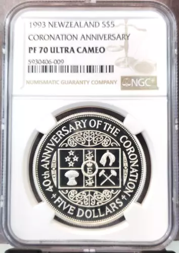 1993 NEW ZEALAND SILVER 5 DOLLARS CORONATION ANNIVERSARY NGC PF 70 ULTRA CAMEO