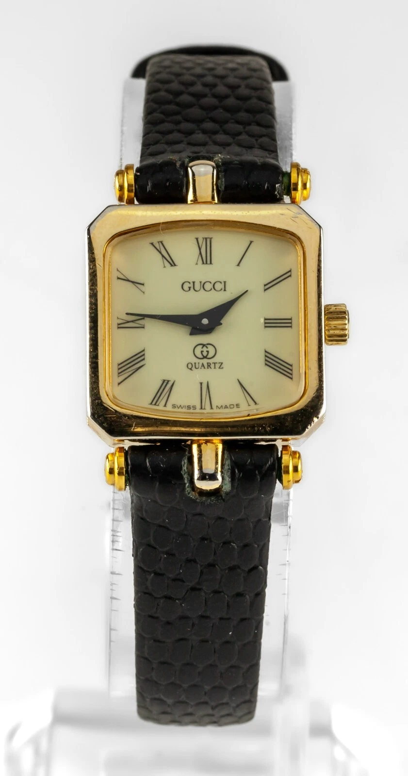Orologio Vintage 20mm Gucci Stack Donna Cassa Oro Quadrato Cinturino Pelle Nero