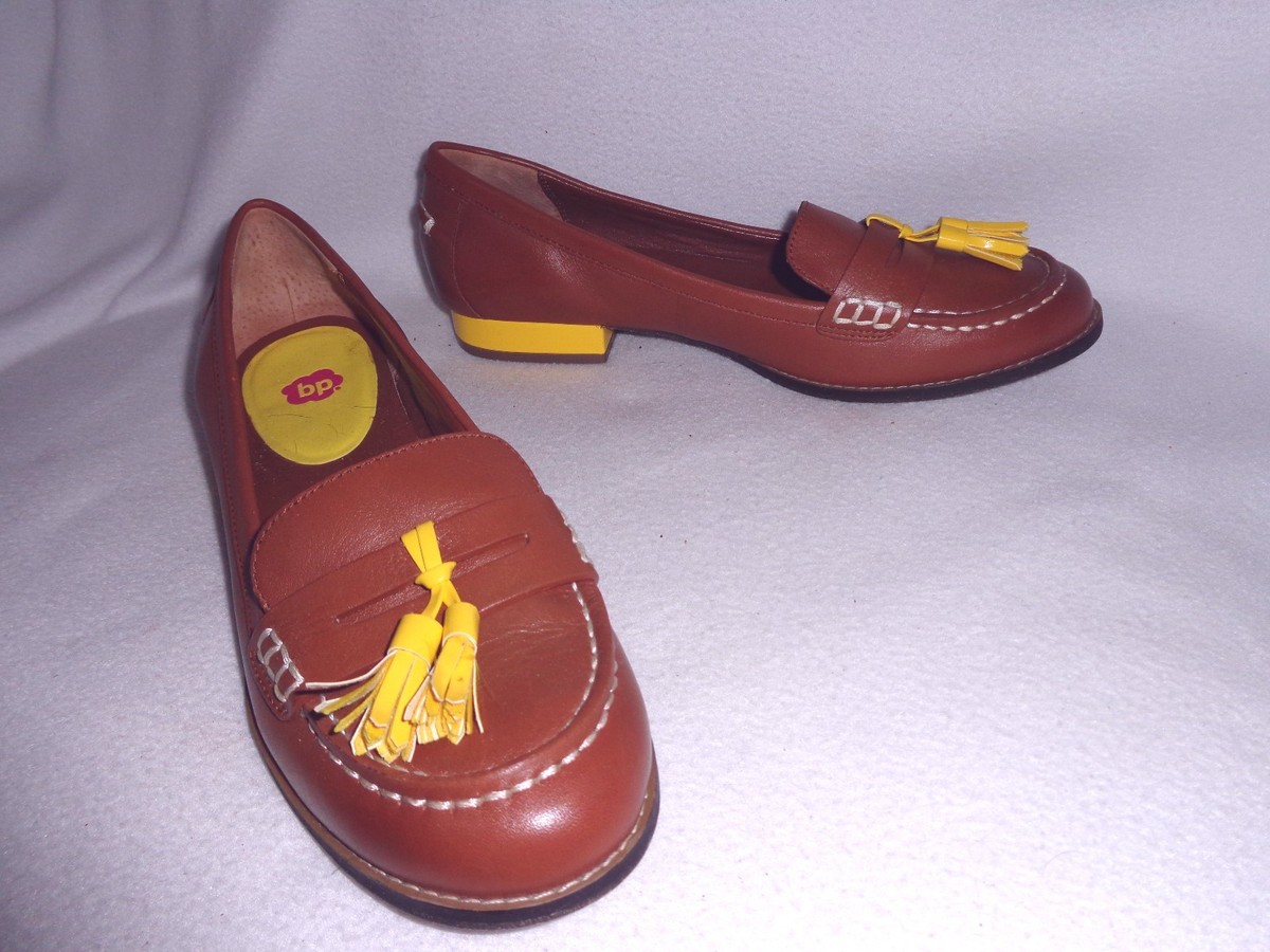 BP BRASS PLUM NORDSTROM BROWN LEATHER LEMON YELLOW TASSEL HEEL