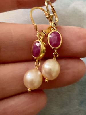 Boucles D'Oreilles Vintage Pendantes - Rubis Naturel & Perles Sur Vermeil Or Blanc/Argent