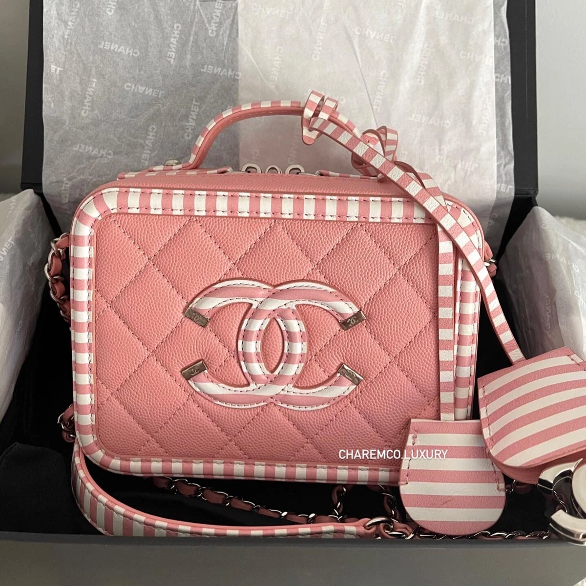 Chanel - Pink Striped Caviar Leather Filigree Vanity Small