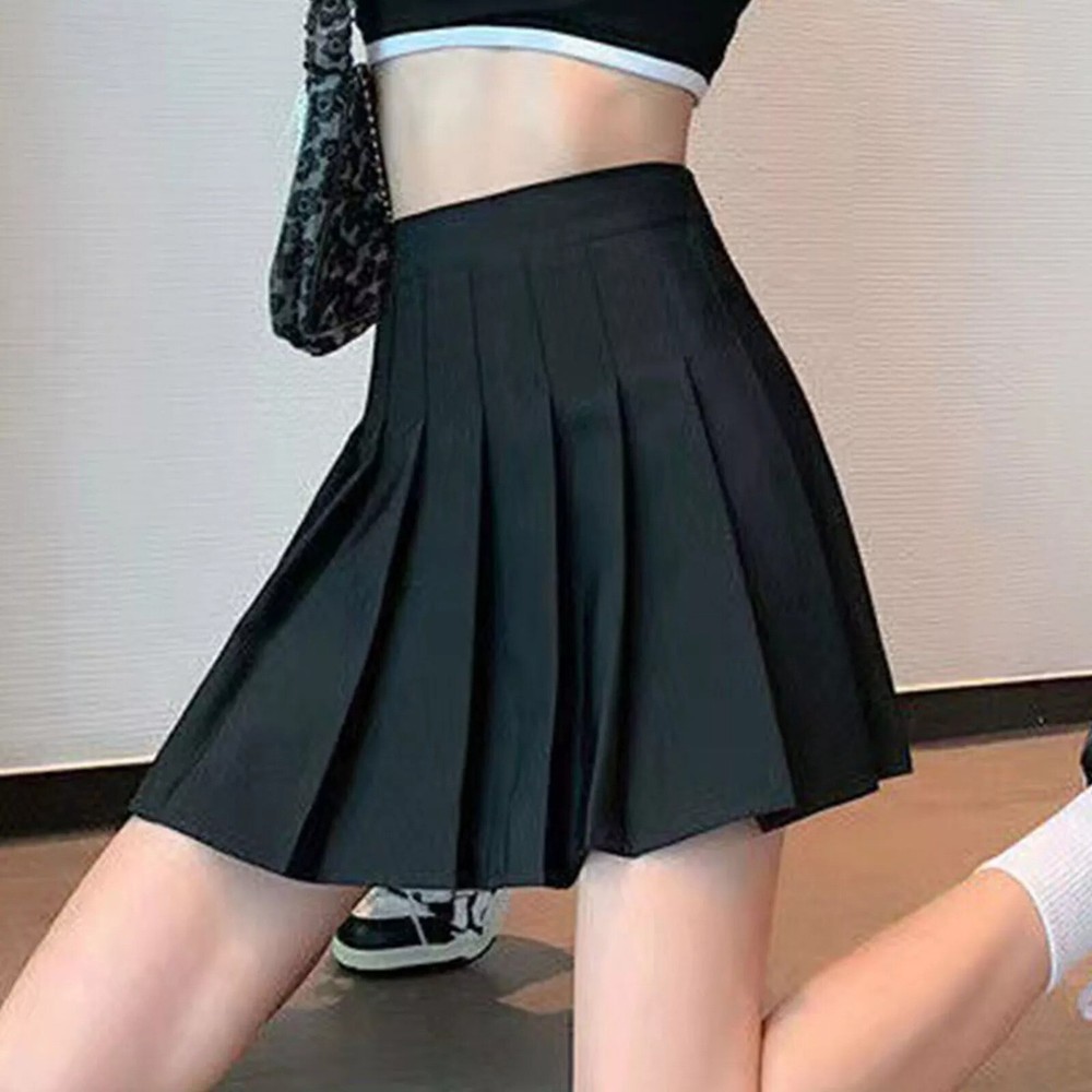 Pleated Athletic Tennis Skirt with Built-in Shorts Solid Black