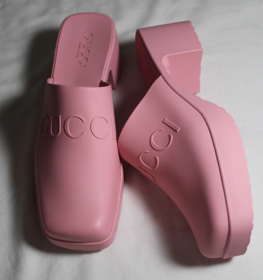 NWB Gucci Logo Rubber Clogs Mules Slip Ons Wild Rose Pink 37