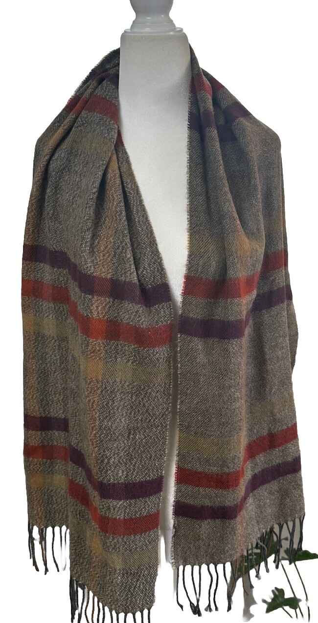 Italian Cashmere Brown Plaid Fringe Scarf Unisex Made in Italy