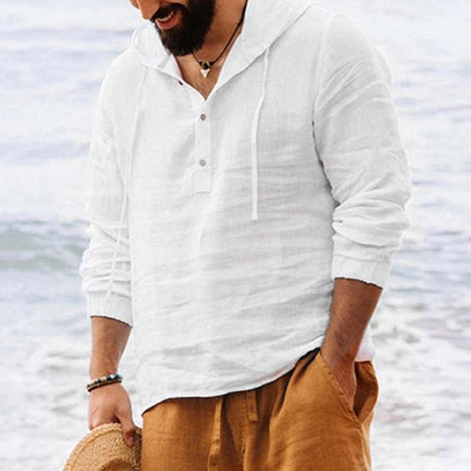 Men's Tops Hooded Solid Long Sleeve Cotton Linen Casual Shirt Tops Blouse
