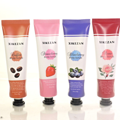 4 XIKEZAN Body scrubs in; coffee+blueberry+rose+strawberry 1 oz each all sealed 