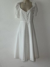 o.p.t. Midi Dress White Cotton Short Puff Sleeve Button Front Cottagecore Boho