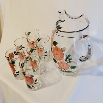 Vintage Hand-Painted Floral Glass Pitcher with 6 Matching Juice Glasses Gold Rim
